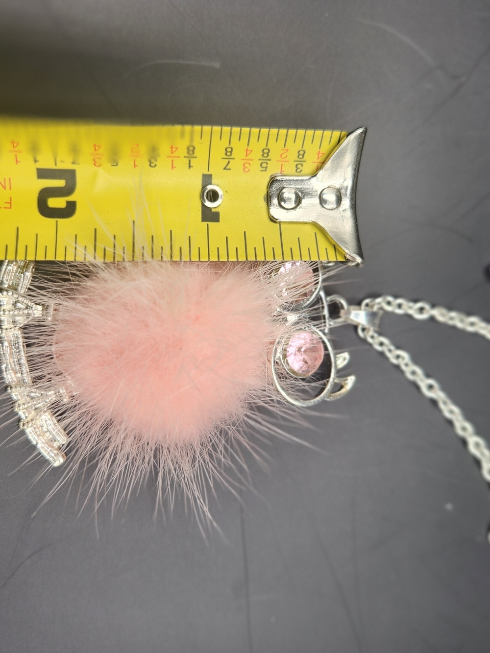 Y2K Aesthetic Pink Pom Pom Owl Pendant Necklace Silver Rhinestone Fluffy - Picture 4 of 6